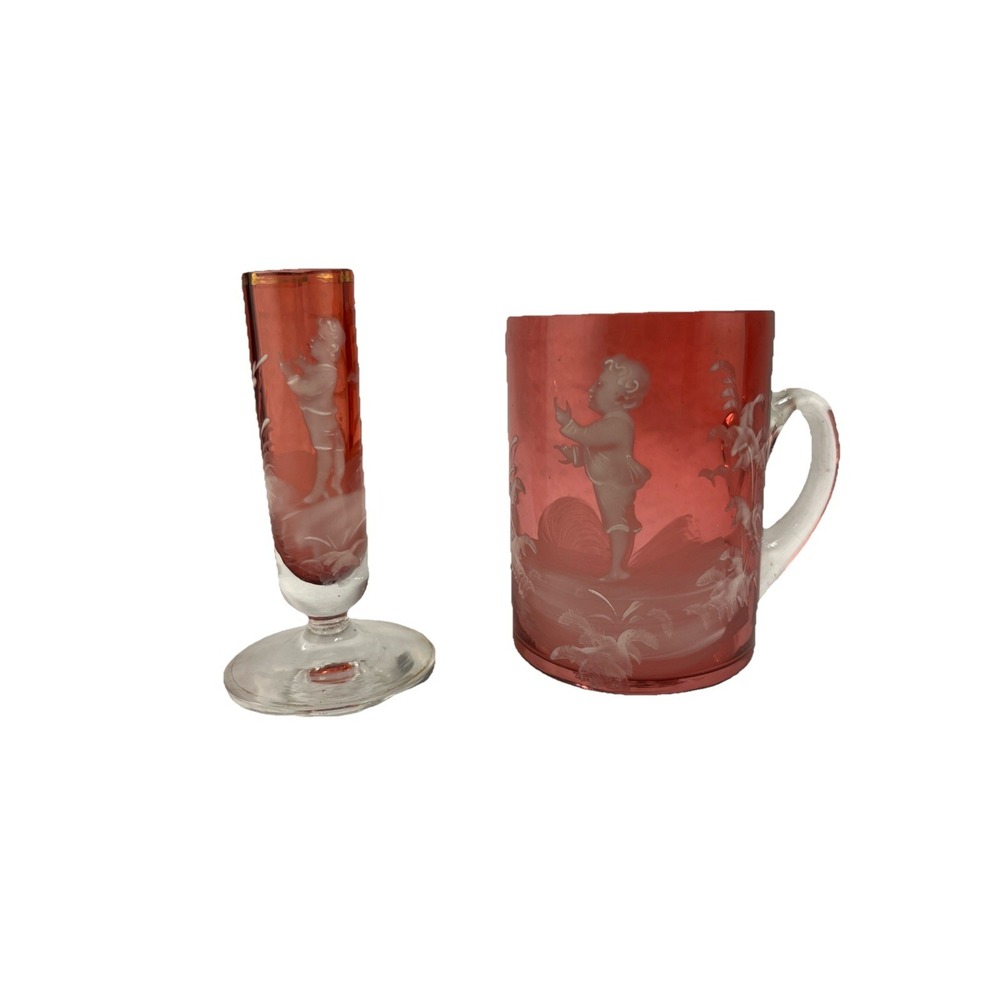 Fenton Mary Gregory Glass Cranberry Decorated Enamel Cup And Bud Vase- Young Boy